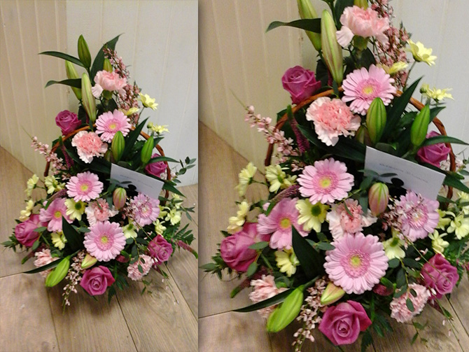 Anniversary flowers front facing basket arrangement pink AGB2