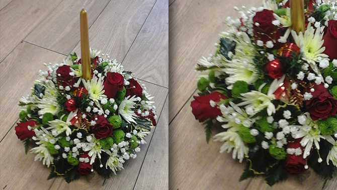 Christmas Table Arrangements with Candle A beautiful table arrangement in fresh flowers with a centre candle added in colouered of your choice would set any xmas table lunch.
Order code: XMASTA2