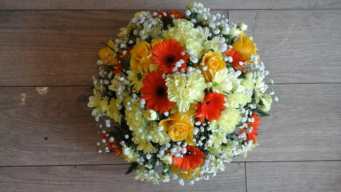 Funeral flowers basket arrangement white red florist Bristol FA2