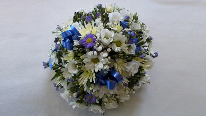 Funeral flowers posy arrangement white blue florist Bristol FA3