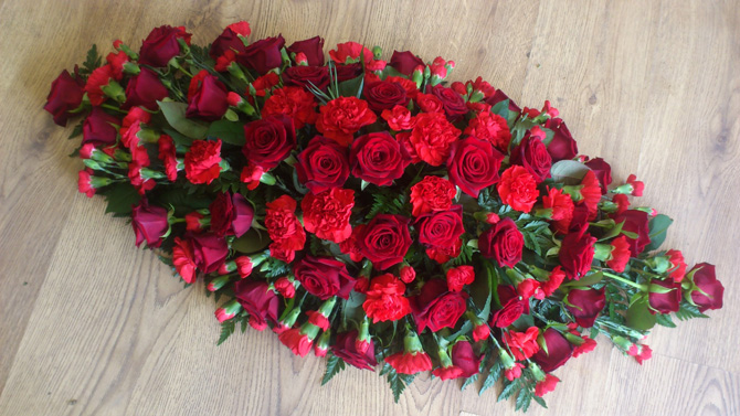 Funeral flowers casket spray coffin top red roses Bristol FCT2
