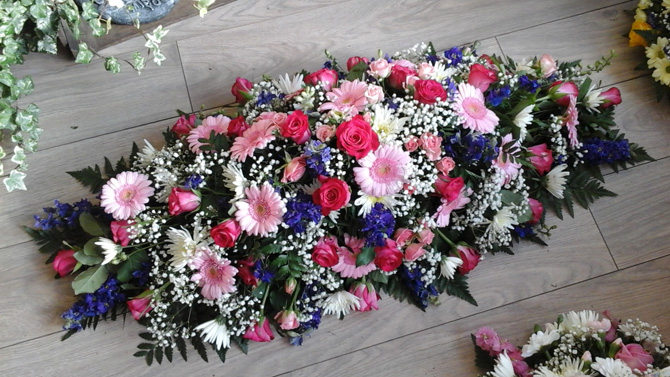 Funeral flowers coffin top casket spray white pink florist Bristol FCT4