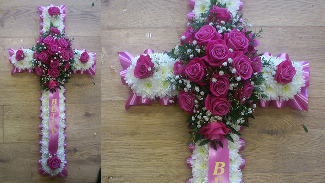 Cross shaped funeral flowers named pink white florist bristol FCR1