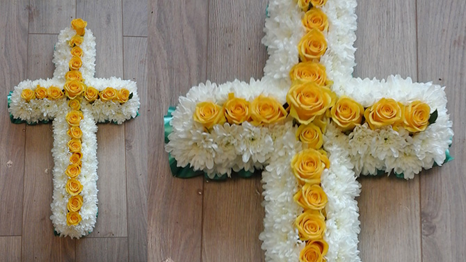 Cross shaped funeral flowers white yellow florist bristol FCR3