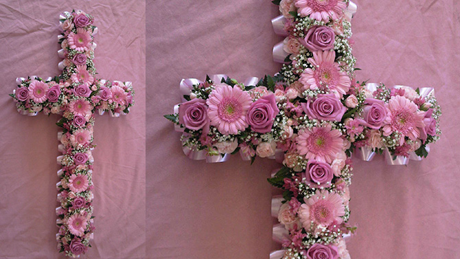 Funeral cross pink flowers florist bristol FCR2