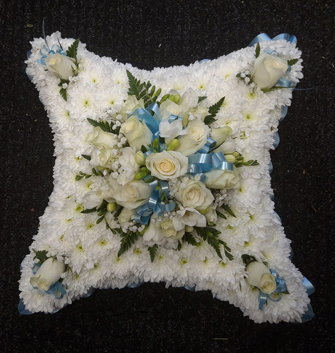 Cushion shaped funeral flowers Bristol florist FCU6