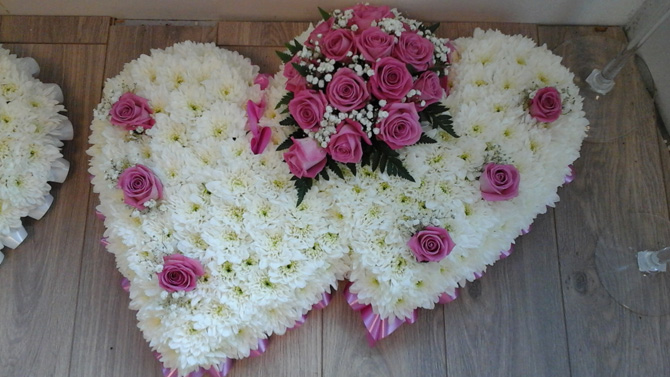Double heart shaped funeral flower white pink florist Bristol FH1