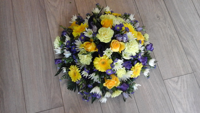 Funeral flowers posy yellow and blue florist Bristol FPO3