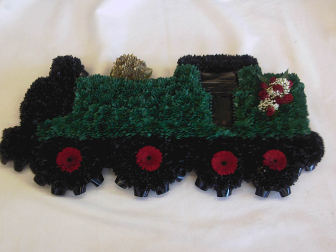 Train tribute funeral flowers green red florist Bristol TRAIN