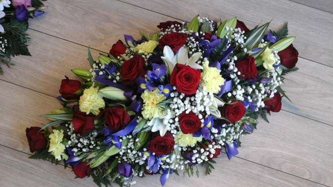 Funeral flowers double ended oasis spray with roses, ims, lilies florist Bristol FS3