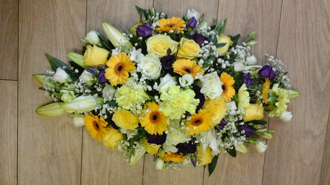 Funeral flowers double ended oasis spray yellow roses, gerberas florist Bristol FS4