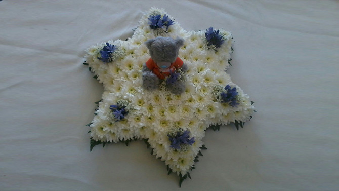 Star shaped funeral flowers teddy white blue florist north Bristol FST4