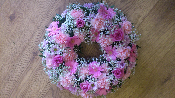 Funeral wreath pink white flowers Bristol florist FW4