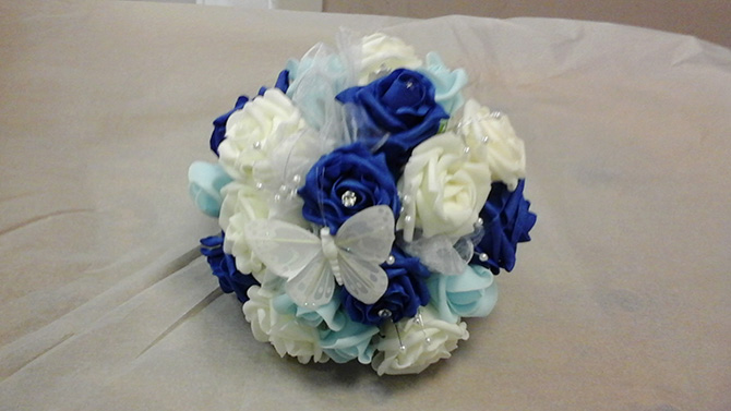 Bridesmaids hand tied bouquets blue white silk roses wedding flowers Bristol WBR11