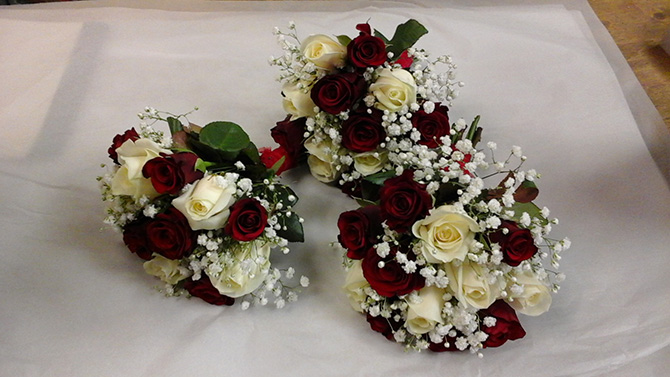 Bridesmaids hand tied bouquets red and white roses Bristol WBR5