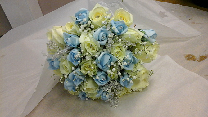 Bridesmaids hand tied bouquets white roses and baby blue silk roses WBR8