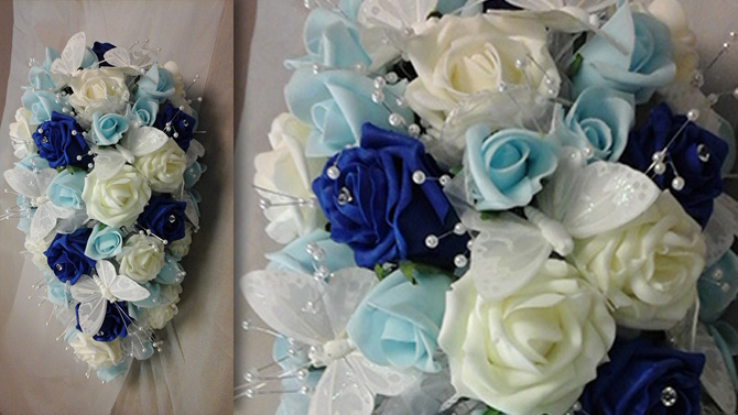 Light blue dark blue white silk rose wedding bouquets Bristol WSB5