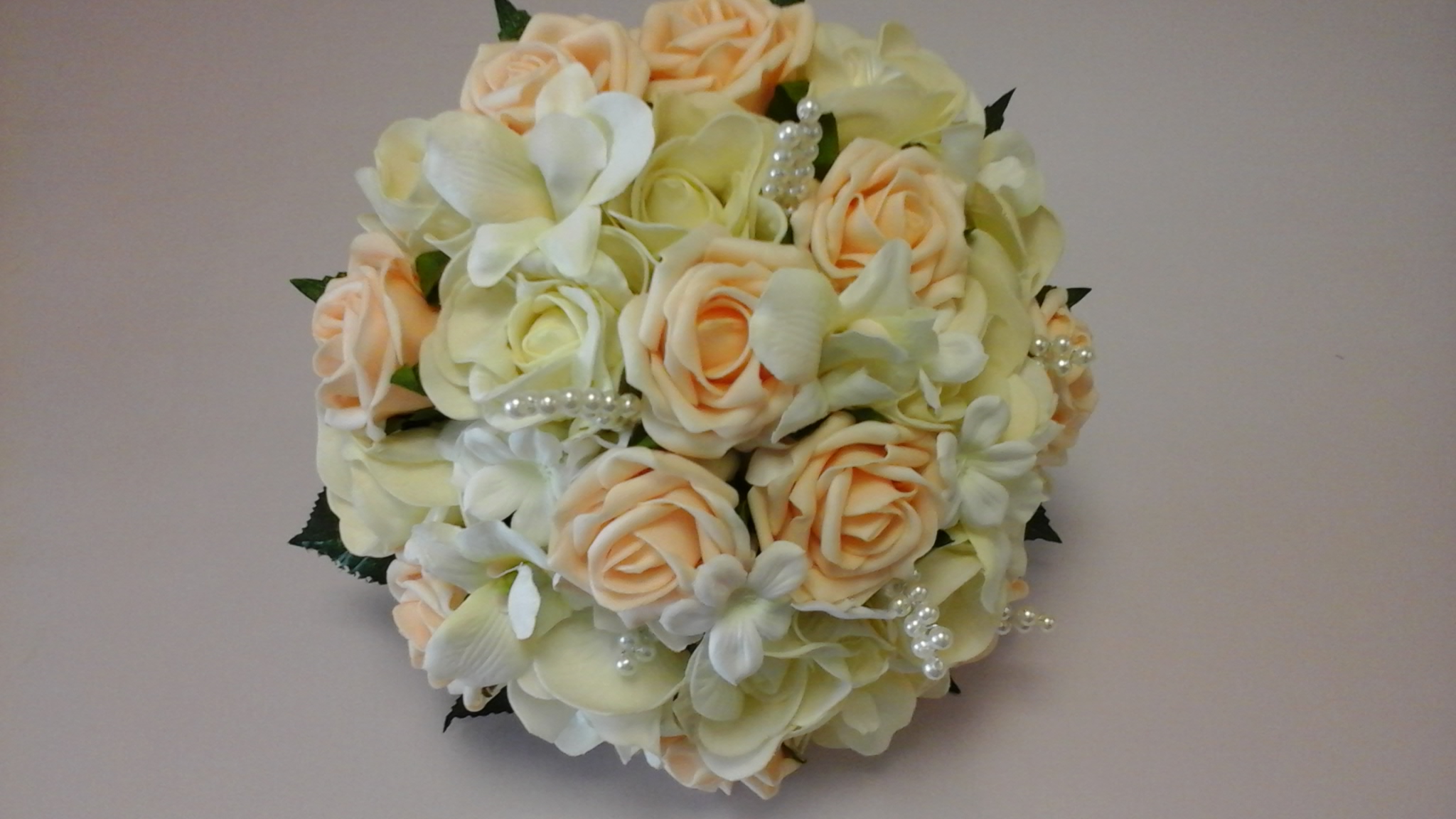 Bridesmaids hand tied bouquets peach and cream silk roses WBR9