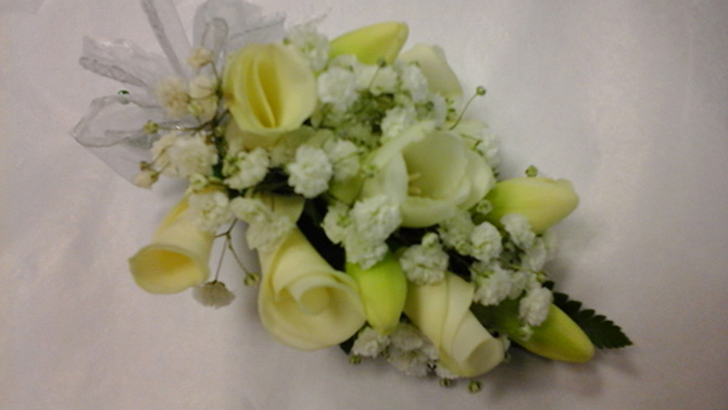 Wedding flowers waist corsage white and rose petals florist Bristol WC03